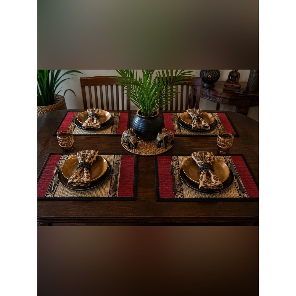 NWOT African Safari Woven Bamboo Placemats Set of 4 + 3 Matching Elephant Coaste
